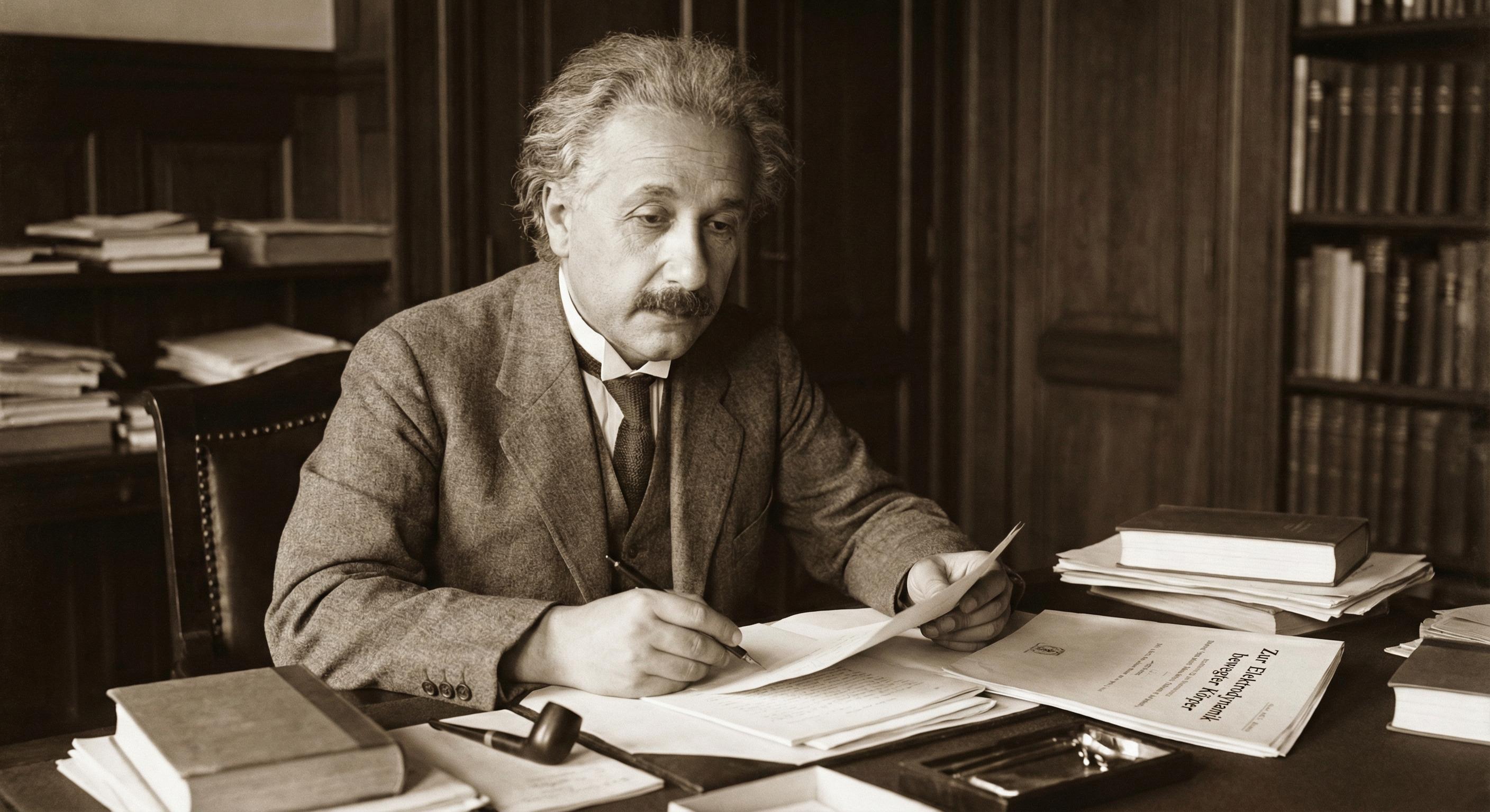 Albert Einstein writing at his desk